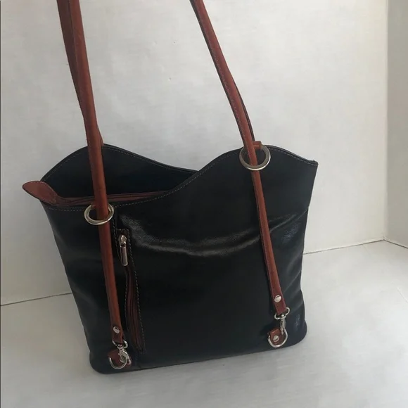 Vera Pelle Italian Leather Black/Brown Shoulder Backpack Bag - Picture 6 of 16